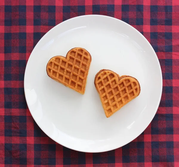 Two Waffles Shape Heart Plate Top View Food Dessert Treats — Stock Photo, Image