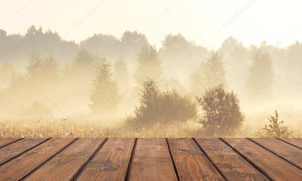 Empty countertop against the background of dawn in the forest. Texture wooden boards; wooden flooring. Empty space for Your subject.