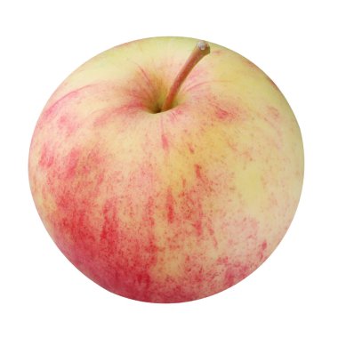 Kırsal elma, kırpma yolu olan beyaz arkaplanda izole edilmiş. Tüm sarı-pembe elma, bahçe meyvesi.