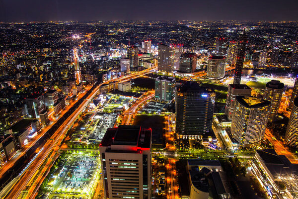 A colorful of cityscape night top view of Yokohama bay located at Japan