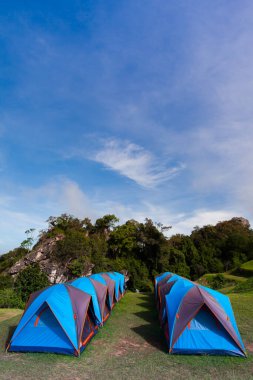 Tayland 'ın kuzeyindeki temiz gökyüzünün altındaki yeşil çim tarlasında kamp çadırları.