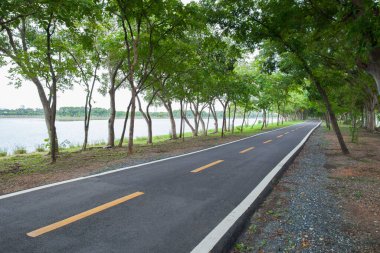 Bangkok Tayland 'da gün batımında ağaçların arasında boş koşu yolları var.