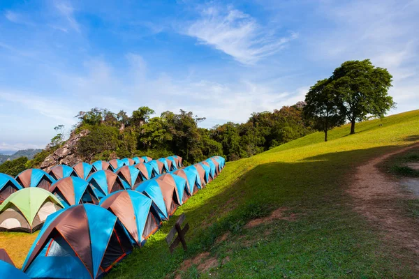 Camping Tent Green Grass Field Hill Clear Sky Location North — Stock Photo, Image