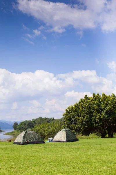 Camping Tent Green Grass Field Hill Clear Sky Location North — Stock Photo, Image