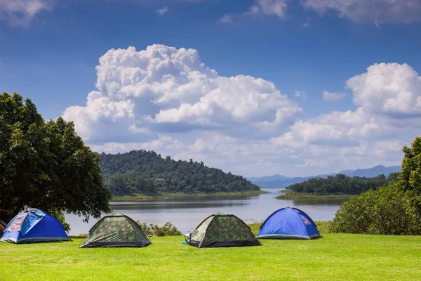 Camping Tent Green Grass Field Hill Clear Sky Location North — Stock Photo, Image