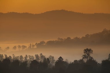 Tayland 'ın kuzeydoğusundaki Loei eyaletinde kış mevsiminde bulutlu havada gün doğumunun renkli gökyüzü