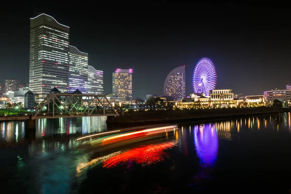 Vodní Odraz Nádherné Barvy Noci Pohled Město Jokohama Japonsko — Stock fotografie