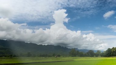 Yaz mevsiminde açık mavi gökyüzünde beyaz bulutlu hareket