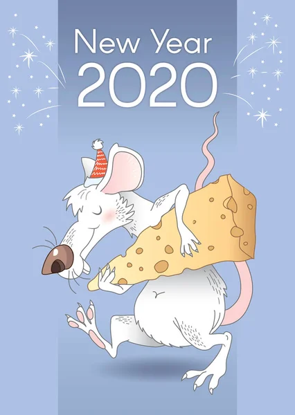 Cartão Postal Para Ano Novo 2020 Com Rato Branco Desenho — Vetor de Stock