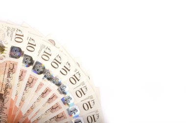 İngiliz 10 pound para birimi Not beyaz arka plan üzerinde kağıt