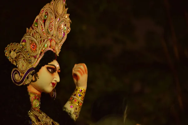 Zbliżenie Idol Hinduskiej Bogini Durga Gotowi Puja Mandap — Zdjęcie stockowe