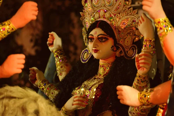 Close Deusa Ídolo Hindu Durga Pronto Para Puja Mandap — Fotografia de Stock