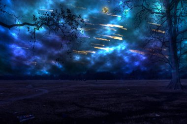 Gece gökyüzünde meteor yağmuru. Fotoğraf Dijital yazılım kullanarak sıfırdan hazırlanır. Dört katmandan oluşur. Bir fotoğrafımı kullanarak.