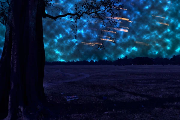 Lluvia Meteoritos Cielo Nocturno Fotografía Prepara Desde Cero Utilizando Software —  Fotos de Stock