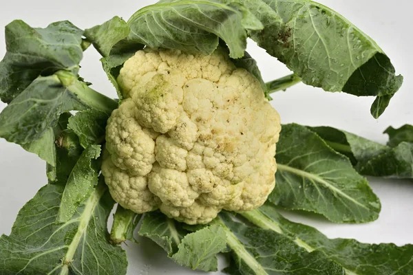 Primer Plano Coliflor Con Hoja Sobre Fondo Blanco — Foto de Stock