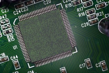 Close-up of Electronic Computer processor in a computer circuit board. Two photographers binary coding one zero and computer motherboard merged together. Binary coding one zero consists of 7 layers. clipart