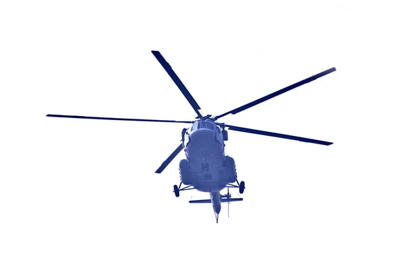 Helikopter Vliegt Tegen Geïsoleerd Witte Achtergrond — Stockfoto