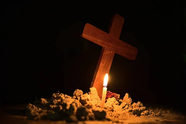 Burning Candle Jesus Cross Cemetery Black Background — Stock Photo, Image