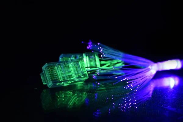 Network Cable Fiber Optics Light Black Background — Stock Photo, Image