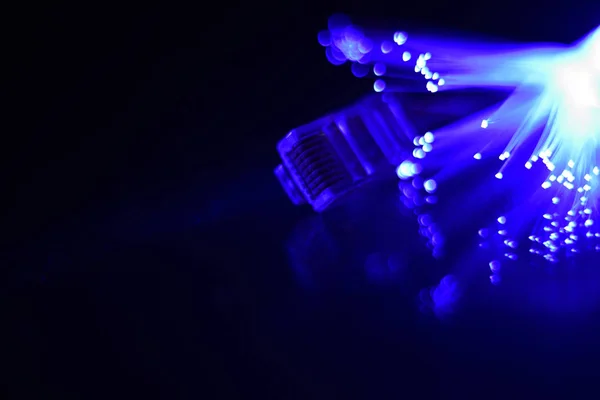 Network Cable Fiber Optics Light Black Background — Stock Photo, Image