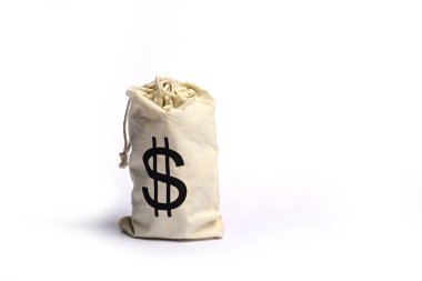 Kağıt para torbası beyaz arka planda izole dolar işareti ile bir torba içinde