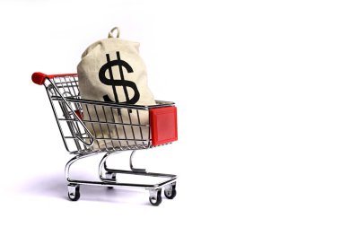 Beyaz arka planda izole dolar çantası ile alışveriş sepeti