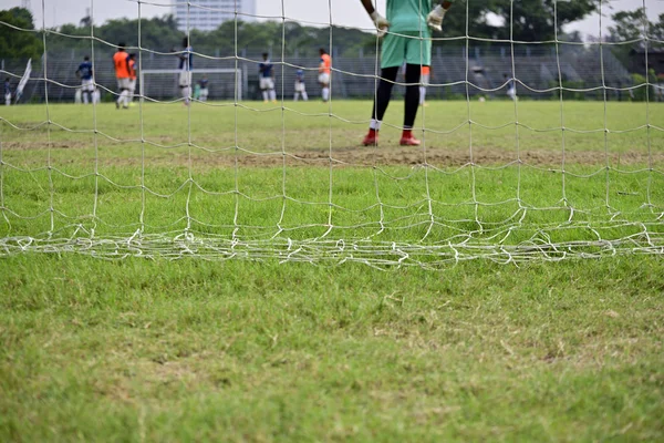 Campo Fútbol Vacío Complejo Deportivo Imagen Captura Detrás Gol Fútbol —  Fotos de Stock