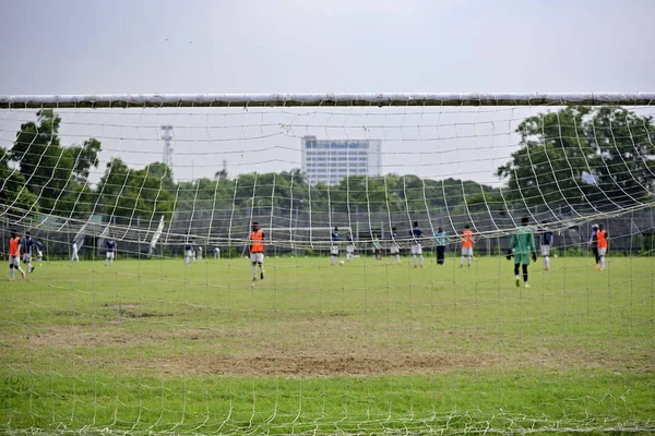 Terrain Football Vide Dans Complexe Sportif Image Est Capturée Derrière — Photo