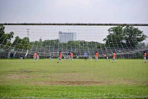 Terrain Football Vide Dans Complexe Sportif Image Est Capturée Derrière — Photo