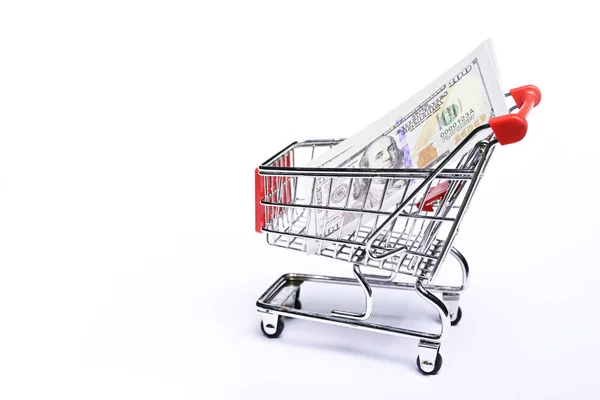 Shopping Cart One Hundred Dollar Bills Isolated White Background — Stock Photo, Image