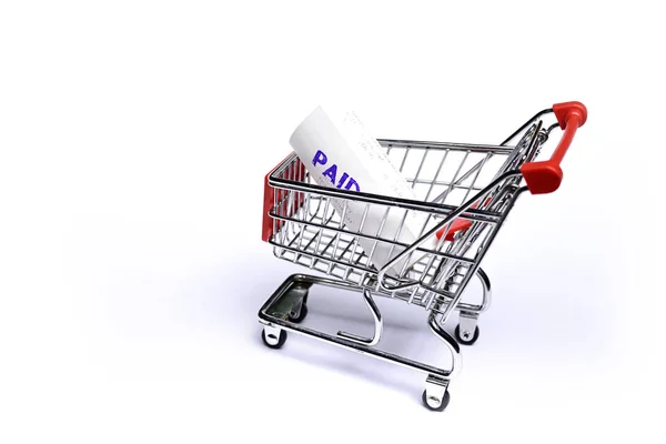 Paid Shopping Receipts Shopping Trolley Isolated White Background — Stock Photo, Image