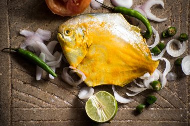 Taş zemin üzerinde pişmeye hazır broşür balıklarının yakın çekimi