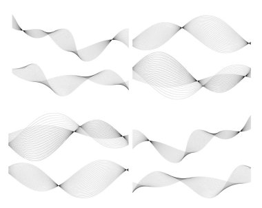 Tasarım elemanları. Bir sürü gri çizgi dalgası. Beyaz arka planda soyut dalgalı çizgiler izole edildi. Yaratıcı çizgi sanatı. Vektör illüstrasyon EPS 10. Harman Aracı kullanılarak oluşturulan çizgilerle renkli parlak dalgalar.