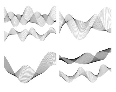 Tasarım elemanları. Bir sürü gri çizgi dalgası. Beyaz arka planda soyut dalgalı çizgiler izole edildi. Yaratıcı çizgi sanatı. Vektör illüstrasyon EPS 10. Harman Aracı kullanılarak oluşturulan çizgilerle renkli parlak dalgalar.