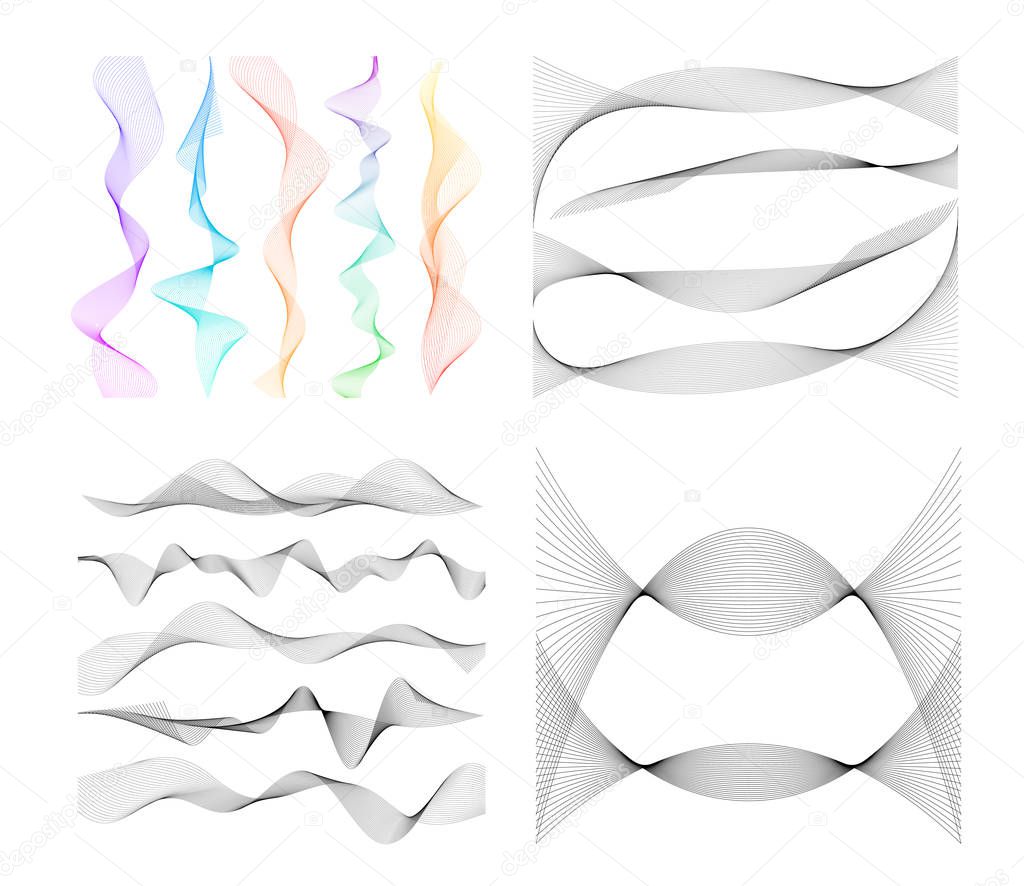 Design elements. Wave of many gray lines. Abstract wavy stripes on white background isolated. Creative line art. Vector illustration EPS 10. Colourful shiny waves with lines created using Blend Tool.