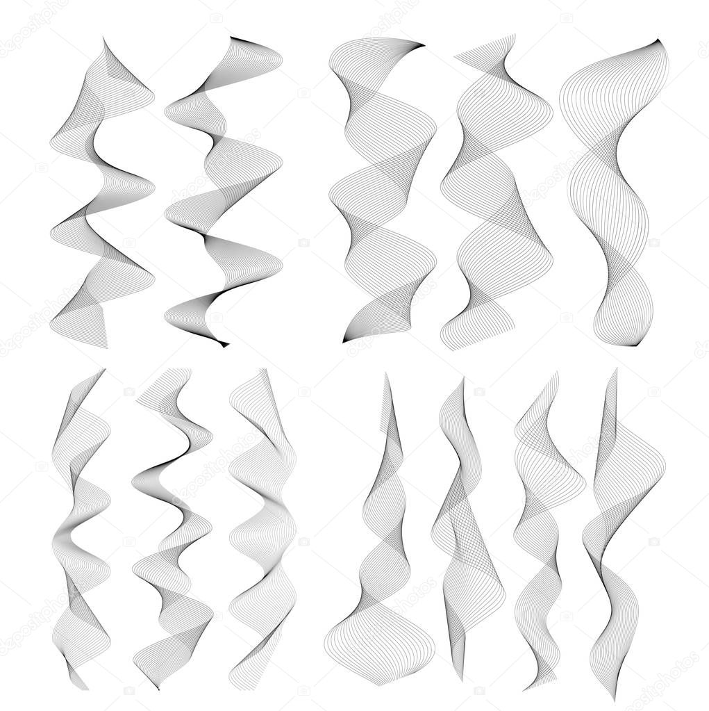 Set Design elements. Wave of many gray lines. Abstract vertical wavy stripes on white background isolated. Creative line art. Vector illustration EPS 10. Waves with lines created using Blend Tool