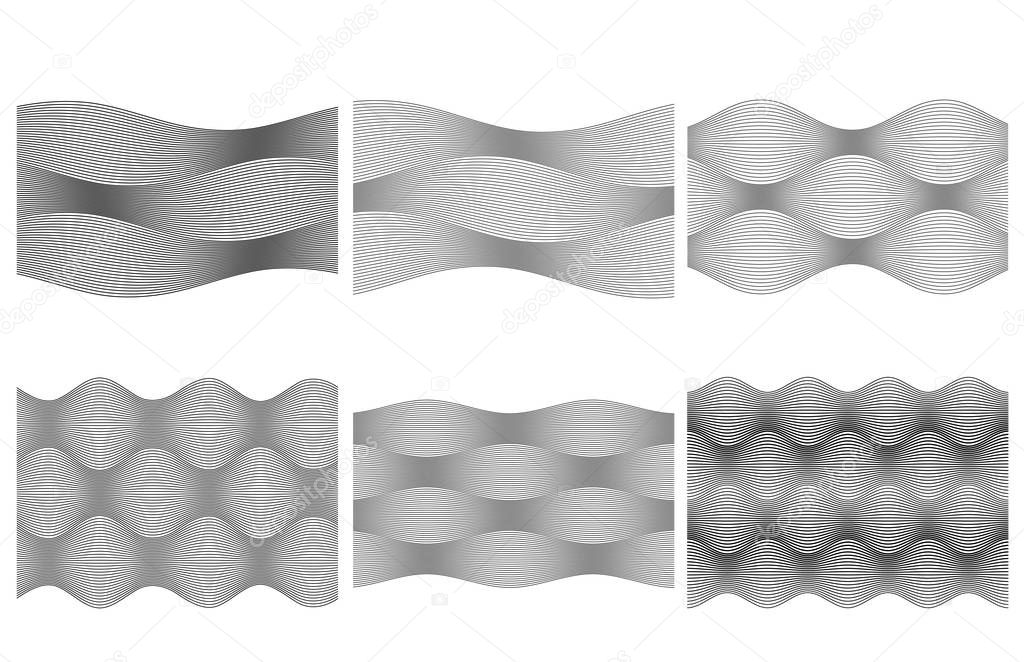 Set Design elements. Wave of many gray lines. Abstract wavy stripes on white background. Creative line art. Vector illustration EPS 10. Black waves with lines created using Blend Tool