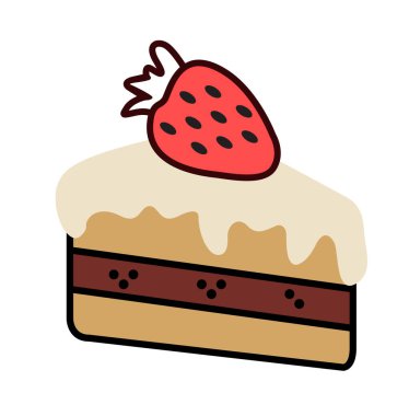 Tatlı çikolatalı kek eli beyaz arka planda izole bir şekilde çizilmiş. Creme Pie Pasta Dilimleme Asgari Düz Çizgi Vuruşu Simgesi EPS10 sembol vektörü EPS10 ile tasarım ögeleri