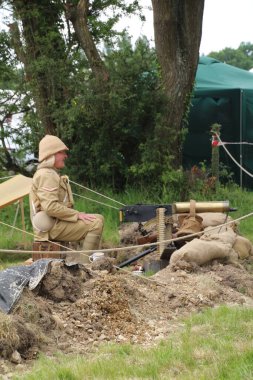 Waterlooville, İngiltere - 26 Mayıs 2019: Solent Overlord Askeri Koleksiyoncular Kulübü bir Boer savaş sahnesini yeniden canlandırıyor. Amaç savaşı yüceltmek değil, dünya tarihinin bu zamanlarında insanları eğitmek..