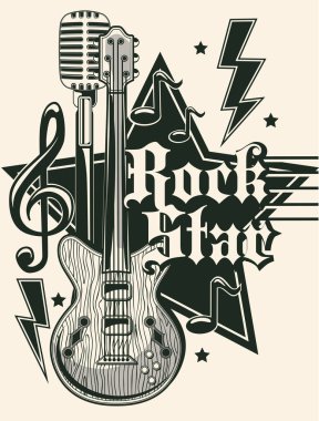 Rock müzik tek renkli amblem tasarımı gitar, vektör çizim ile