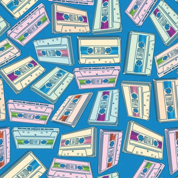 mavi arka plan, vektör çizim üzerinde renkli ses kasetleri ile Seamless modeli