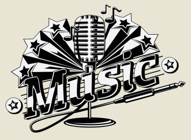 mikrofon, vektör çizim ile müzik vintage amblemi