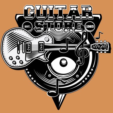 turuncu arka plan, vektör çizim gitar ile müzik amblemi