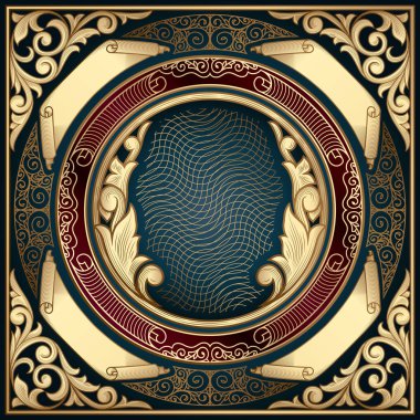 altın çiçek süsleme, vektör çizim ile koyu kırmızı ve mavi renkler süslü dekoratif afiş