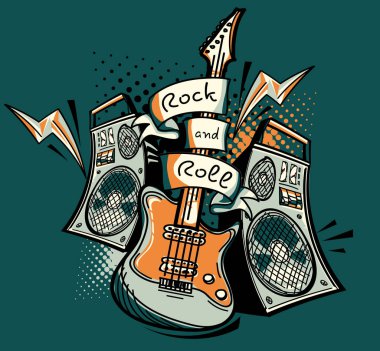  rock-n-roll amblemi elektro gitar, vektör çizim ile