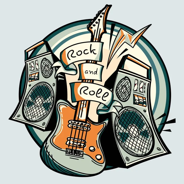 Rock Roll Embleem Met Elektrische Gitaar Vectorillustratie — Stockvector