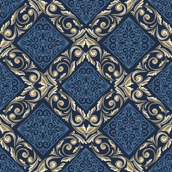 Rombo Victoriano Decorativo Azul Con Decoración Floral Oro Patrón Sin — Archivo Imágenes Vectoriales