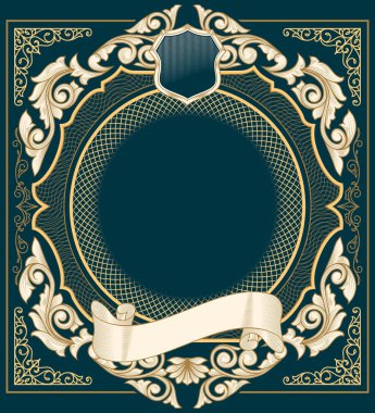 altın çiçek dekor, vektör çizim ile koyu yeşil antika çerçeve