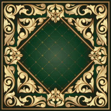 Altın kıvırcık tasarımı, vektör çizim ile koyu yeşil dekoratif desen