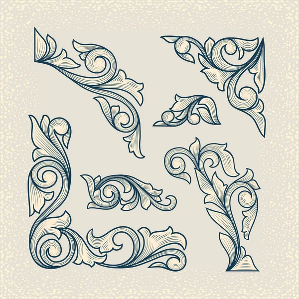 Conjunto Elementos Florales Vintage Azul Ilustración Vectorial — Archivo Imágenes Vectoriales